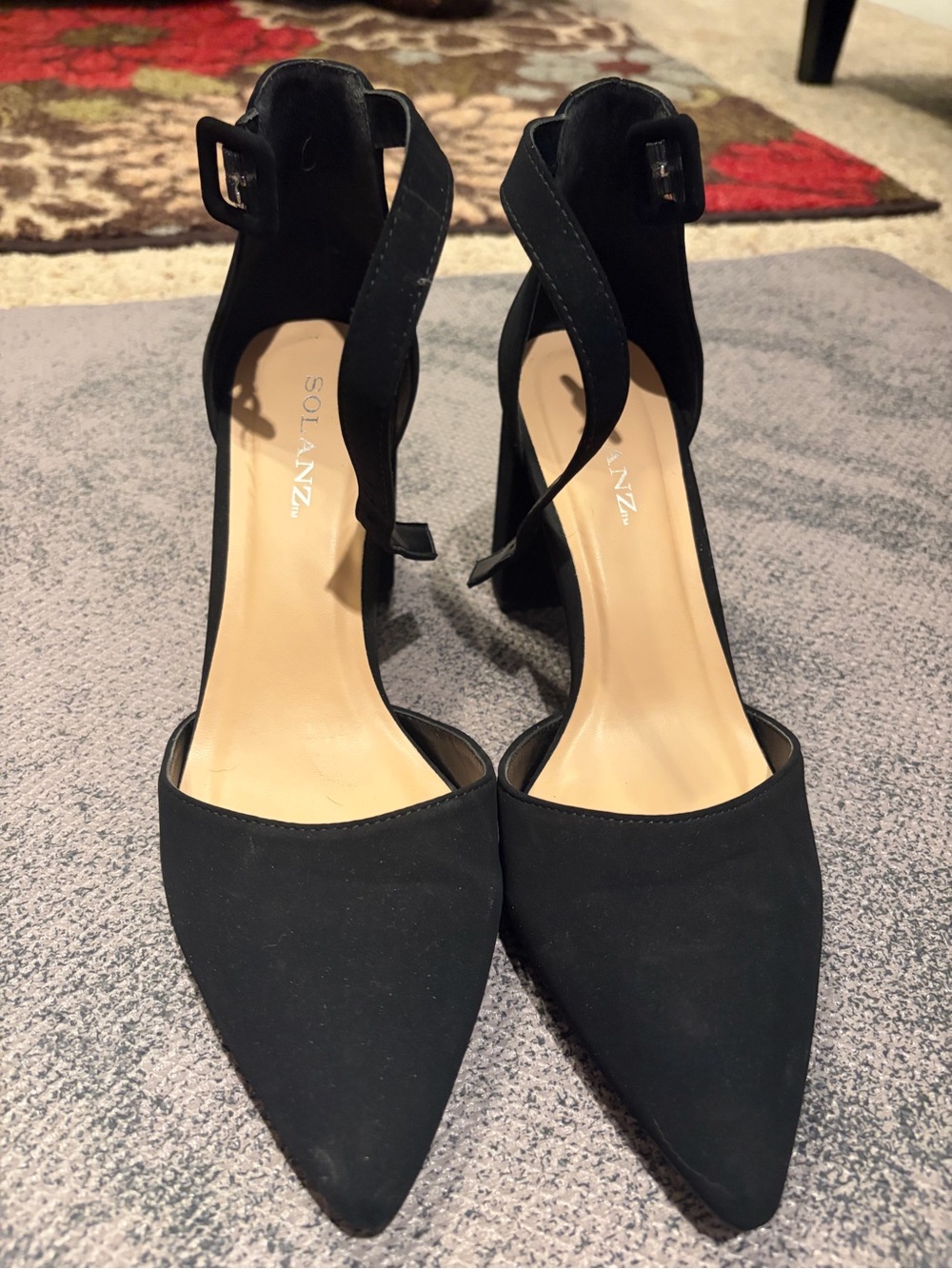 Solanz Pointed Toe Black Ankle Strap Heels